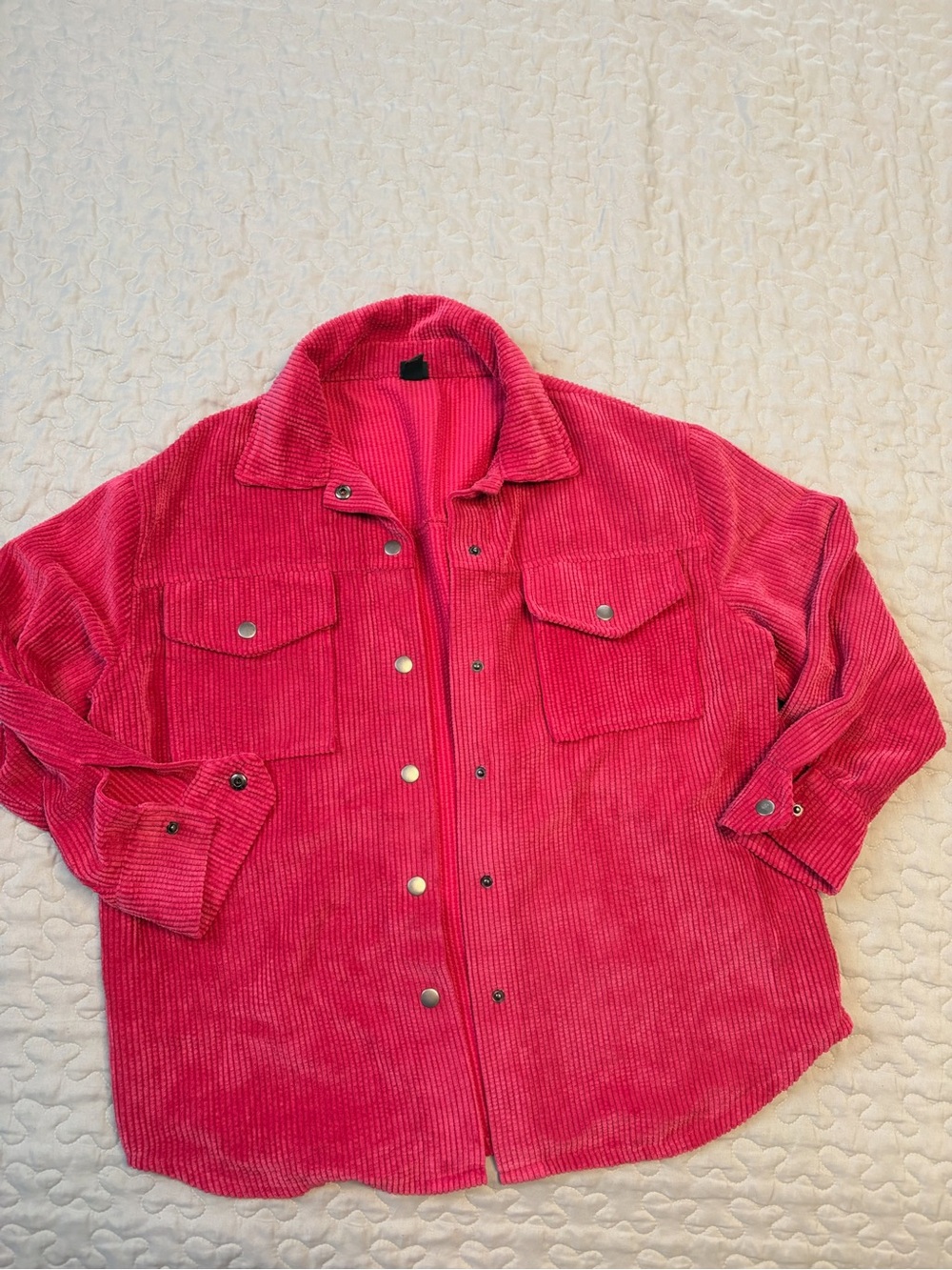 Oversized Corduroy Button-Up Shacket in Bright Pink